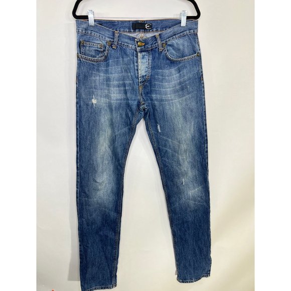 JUST CAVALLI Gold Medium Wash Low Waist Slim Leg Jeans Men Size 35 Button Fly